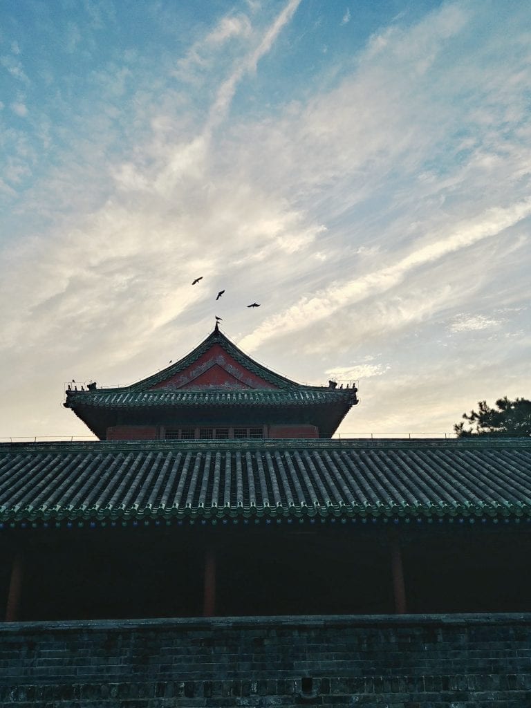 Vögel über Tempel bei Sonnenuntergang