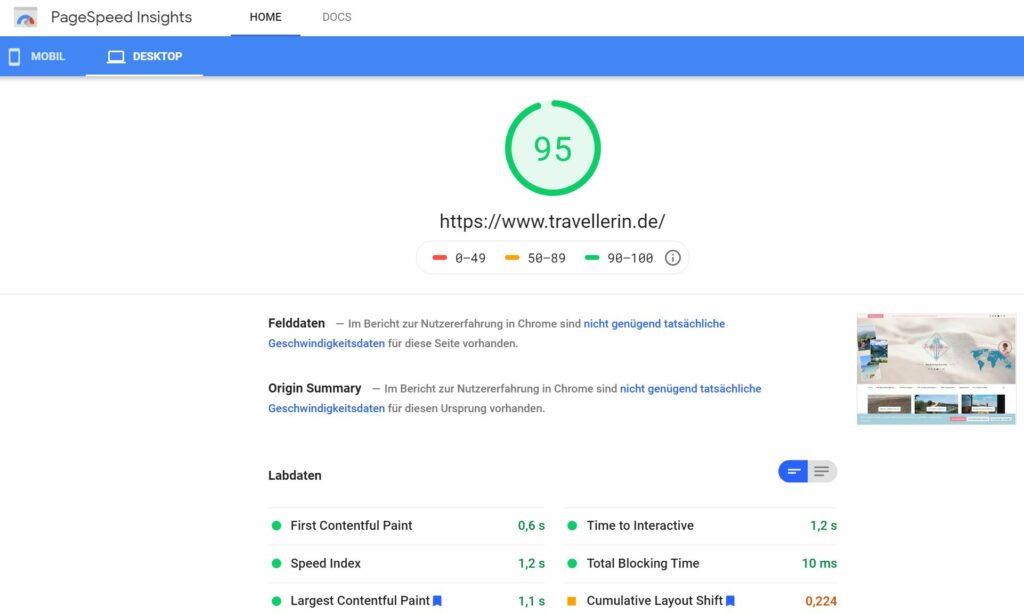 PageSpeed Insights Travellerin.de